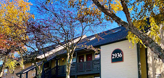 A tree with yellow leaves is in front of a building with the number 2936 on it.
