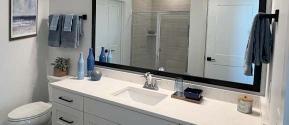 a bathroom with a large mirror and a sink and a toilet