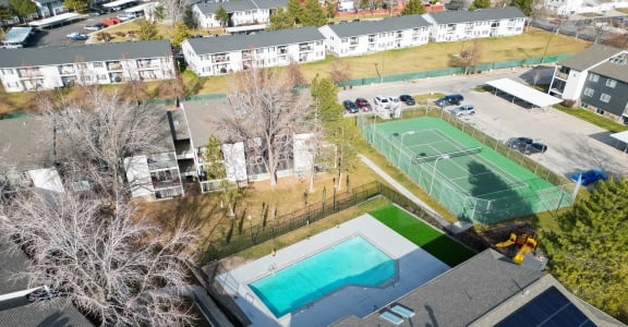 Aerial View of Pool and Tennis Court at Crossroads