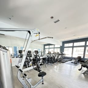 a row of weights machines in a gym at The Bryant Apartments at Yorba Linda, Yorba Linda California