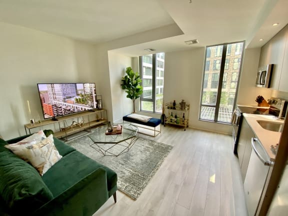a living room with a green couch and a flat screen tv in front of a window