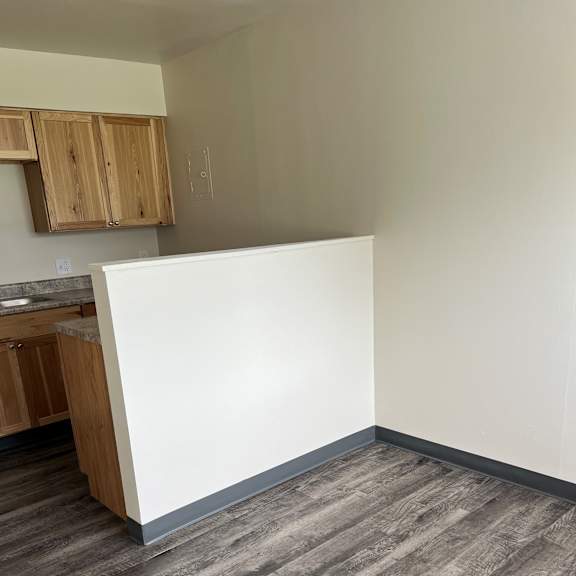 a kitchen with a white counter top and a wooden floor