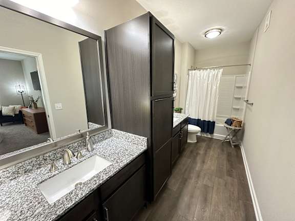 a bathroom with a sink and a mirror and a shower at Watermark at Steele Crossing, Arkansas, 72703