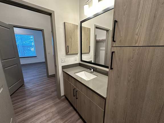 A bathroom with a sink and mirror.