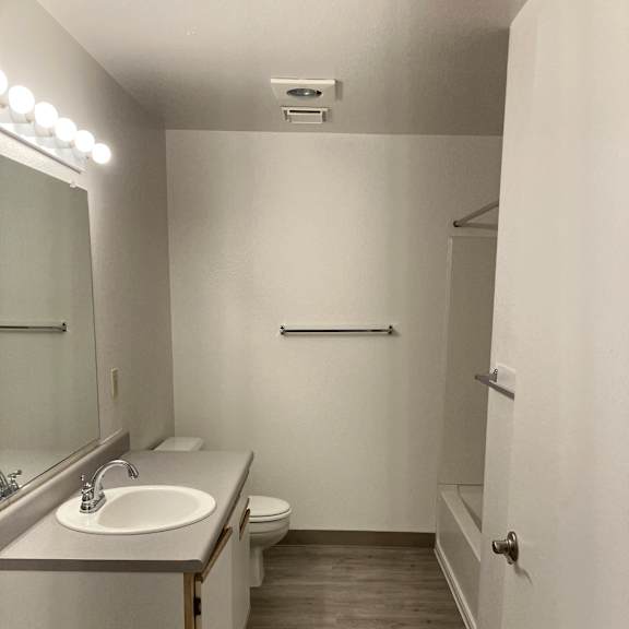 A modern bathroom with a toilet, sink, and mirror.