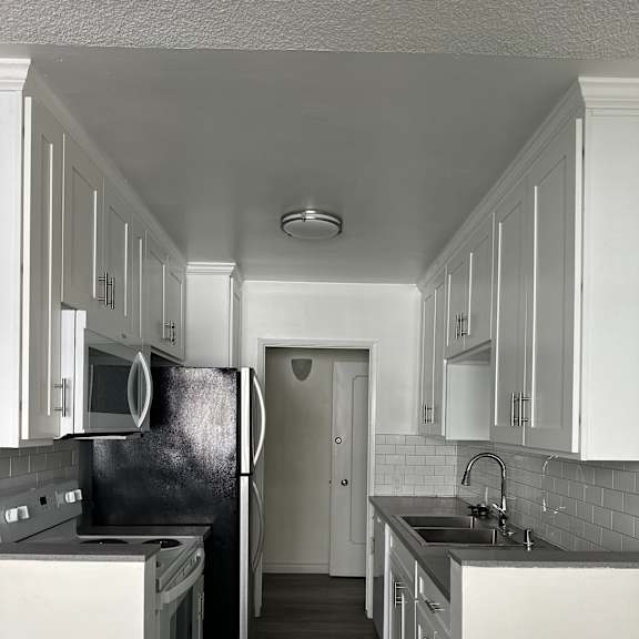 A black and white image of a kitchen with a dishwasher and a washing machine.