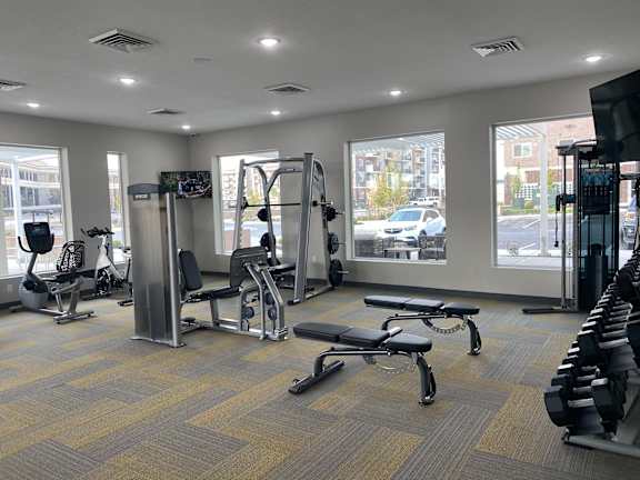 A gym with a variety of equipment including a treadmill, weights, and a bench.