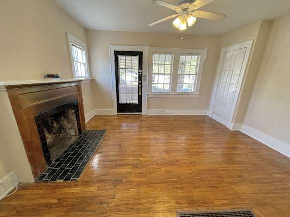 fireplace and wooden floors