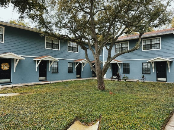 a blue house with a tree in front of it