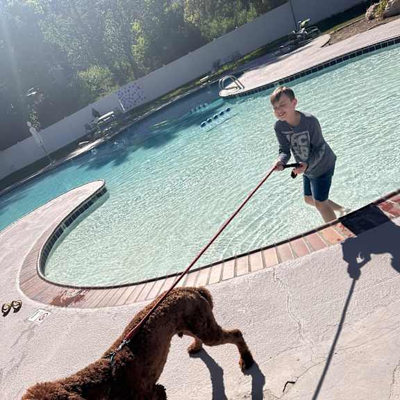 A man and his dog are enjoying a sunny day by the pool at Cliffs at Canyon Ridge, Ogden, Utah