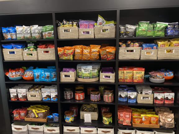 a shelf filled with different types of food