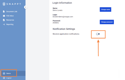 A login page for SNAPPT with a notification settings option highlighted.
