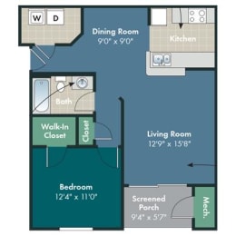 1 bedroom 1 bathroom The America Floorplan at Abberly Pointe Apartment Homes by HHHunt, Beaufort, South Carolina