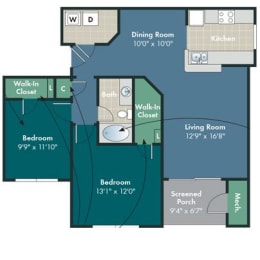 2 bedroom 1 bathroom The Federal Floorplan at Abberly Pointe Apartment Homes by HHHunt, Beaufort, SC