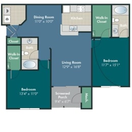 2 bedroom 2 bathroom The Scotland Floorplan at Abberly Pointe Apartment Homes by HHHunt, South Carolina, 29935