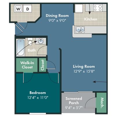 1 bedroom 1 bathroom The America Floorplan at Abberly Pointe Apartment Homes by HHHunt, Beaufort, South Carolina