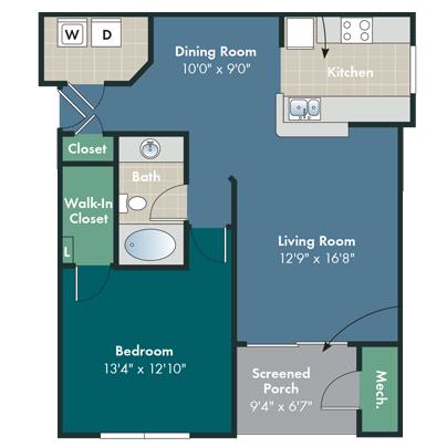 1 bedroom 1 bathroom The Carolina Floorplan at Abberly Pointe Apartment Homes by HHHunt, South Carolina, 29935
