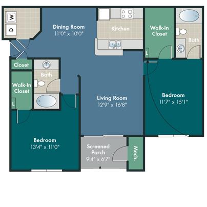 Floor Plan  2 bedroom 2 bathroom The Scotland Floorplan at Abberly Pointe Apartment Homes by HHHunt, South Carolina, 29935