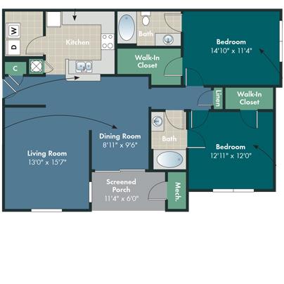 2 bedroom 2 bathroom The Spain Floorplan at Abberly Pointe Apartment Homes by HHHunt, Beaufort, SC