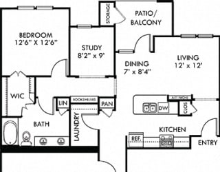 Guadalupe with Attached Garage. 1 bedroom apartment with study room. Kitchen with island open to living/dinning rooms. 1 full bathroom with double vanity. Walk-in closet. Patio/balcony.