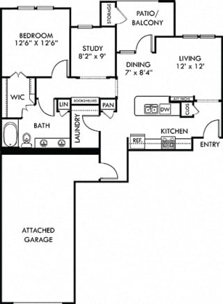 Guadalupe with Attached Garage Guadalupe with Attached Garage. 1 bedroom apartment with study room. Kitchen with island open to living/dinning rooms. 1 full bathroom with double vanity. Walk-in closet. Patio/balcony.