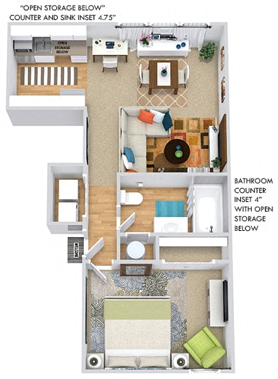 3D Cedar 1 bedroom apartment. Galley Kitchen with open storage space. sink inset 4.75 inches. open to dining-living area. 1 full bath wither 4inch inset counter. open storage below. in-unit laundry.