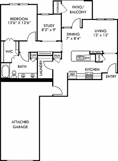 Guadalupe with Attached Garage. 1 bedroom apartment with study room. Kitchen with island open to living/dinning rooms. 1 full bathroom with double vanity. Walk-in closet. Patio/balcony.