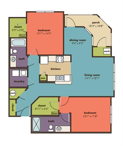 2 bedroom 2 bathroom Ursa Floorplan at Abberly Crossing Apartment Homes by HHHunt, Ladson, SC