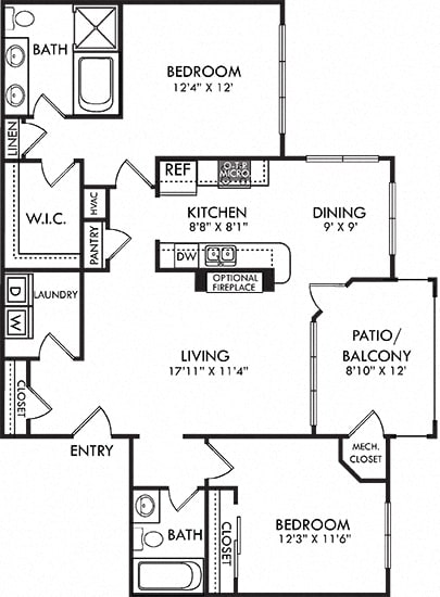 Pinehurst. 2 bedroom apartment. Kitchen with bartop open to living/dinning rooms. 2 full bathrooms, shower stall in master. Walk-in closet in master. Patio/balcony. Optional fireplace.