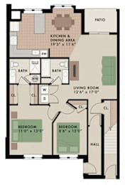 Kllingston floor plan at New Kent Apartments in West Chester, PA, featuring two bedrooms, two bathrooms, and a private patio for relaxing outdoor space