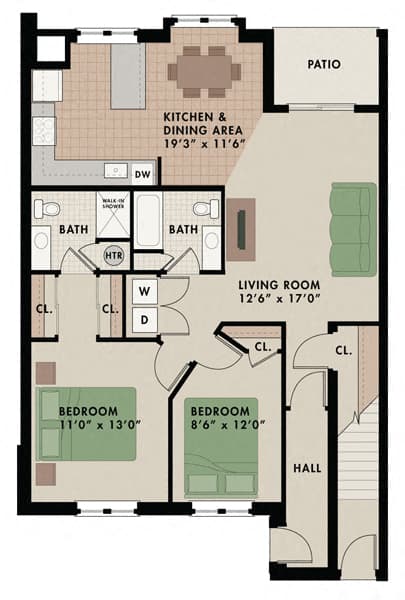 Kllingston floor plan at New Kent Apartments in West Chester, PA, featuring two bedrooms, two bathrooms, and a private patio for relaxing outdoor space