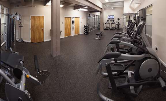 a gym with cardio equipment and weights on the floor