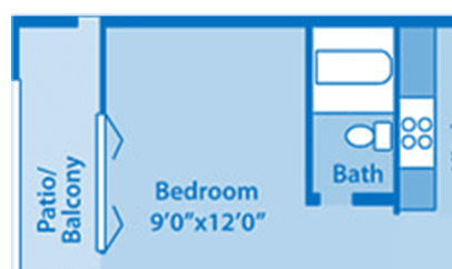 One-bedroom apartment floor plan with living room and patio