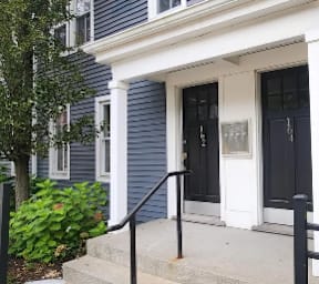 A blue house with a white door and a black gate.