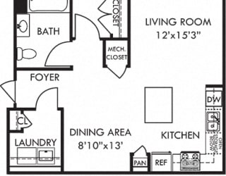 Merlin. 1 bedroom apartment. Kitchen with island open to living/dinning rooms. 1 full bathroom. Walk-in closet. Patio/balcony.