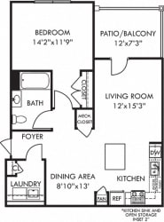 Merlin. 1 bedroom apartment. Kitchen with island open to living/dinning rooms. 1 full bathroom. Walk-in closet. Patio/balcony.