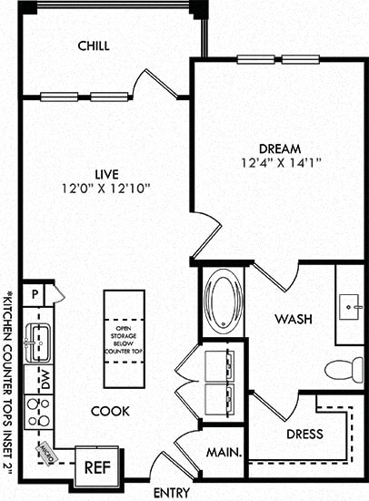 The Bass. 1 bedroom apartment. Kitchen with island open to living room. 1 full bathroom. Walk-in closet. Patio/balcony.