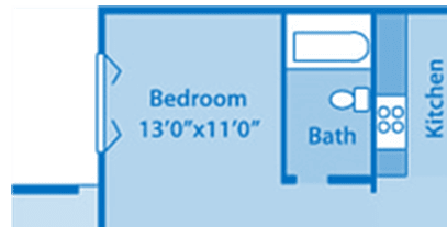 Spacious one-bedroom apartment layout with walk-in closet.