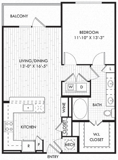 The Witten. 1 bedroom apartment. Kitchen with bartop open to living/dinning rooms. 1 full bathroom double vanity. Walk-in closet. Patio/balcony.