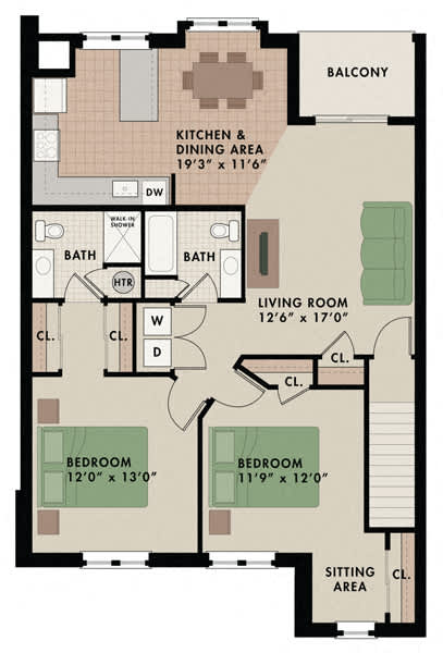 Two-bedroom, two-bathroom Killingston floor plan at New Kent Apartments in West Chester, PA, offering spacious living and comfortable amenities
