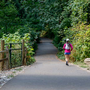 Woman Wearing Backpack and Jogging on Path