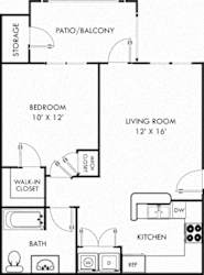 Kensington. 1 bedroom apartment. Kitchen with bartop open to living room. 1 full bathroom. Walk-in closet. Patio/balcony.