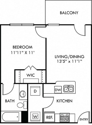 Trevino 1 bedroom apartment. Kitchen with bartop open to living room. 1 full bath. Large walk-in closet. Patio/balcony.