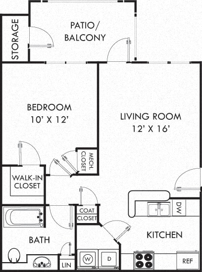 Carrington. 1 bedroom apartment. Kitchen with bartop open to living room. 1 full bathroom. Walk-in closet. Patio/balcony.