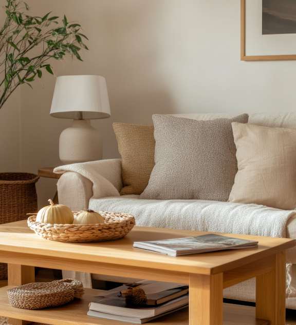 a living room and kitchen with a couch and a table