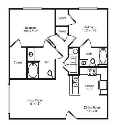 A floor plan of a 1004 square foot two bedroom/two bath home.