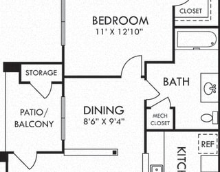 Ashby. 1 bedroom apartment. Kitchen with bartop open to living/dinning rooms. 1 full bathroom. Walk-in closet. Patio/balcony.