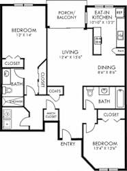 Brighton. 2 bedroom apartment. Kitchen with eating area. 2 full bathrooms, shower stall in master. Two closets in master. Patio/balcony.