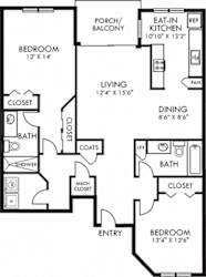 Hamilton. 2 bedroom apartment. Kitchen with eating area. 2 full bathrooms, shower stall in master. Two closets in master. Patio/balcony.