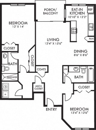 Hamilton. 2 bedroom apartment. Kitchen with eating area. 2 full bathrooms, shower stall in master. Two closets in master. Patio/balcony.